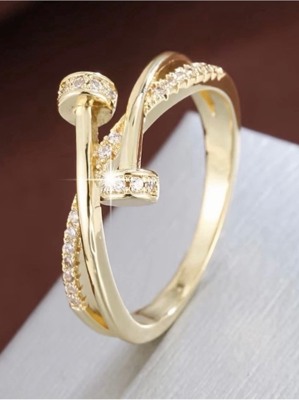 Gold Crystal Accent Nail-Style Ring - Sizes 9 - Picture 2 of 4